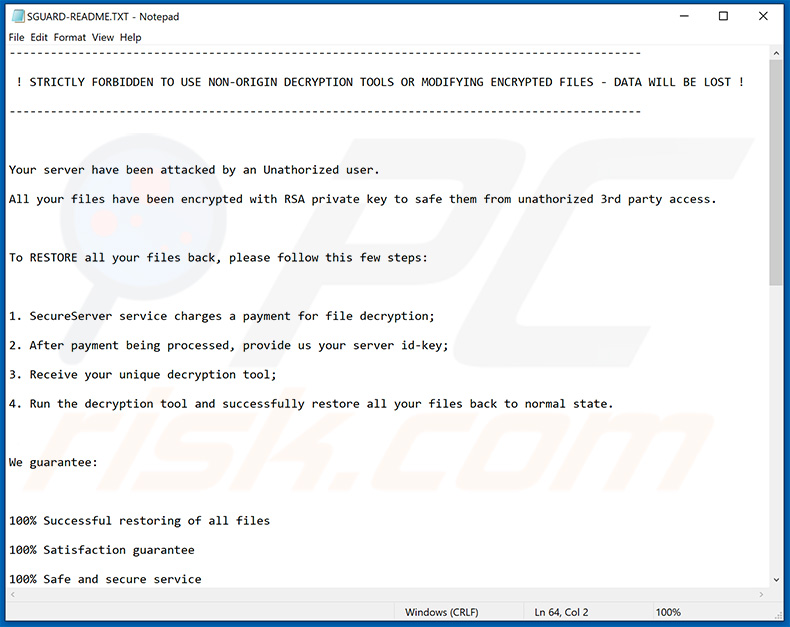 Sguard ransomware ransom-demanding message (SGUARD-README.TXT)