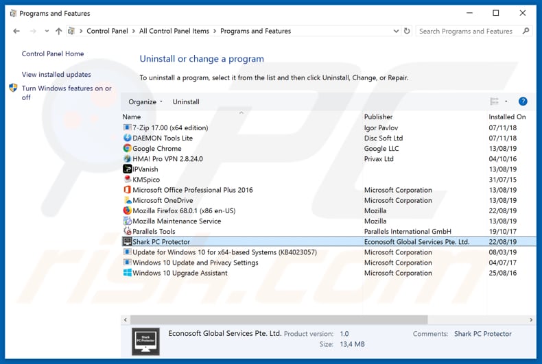 Shark PC Protector adware uninstall via Control Panel