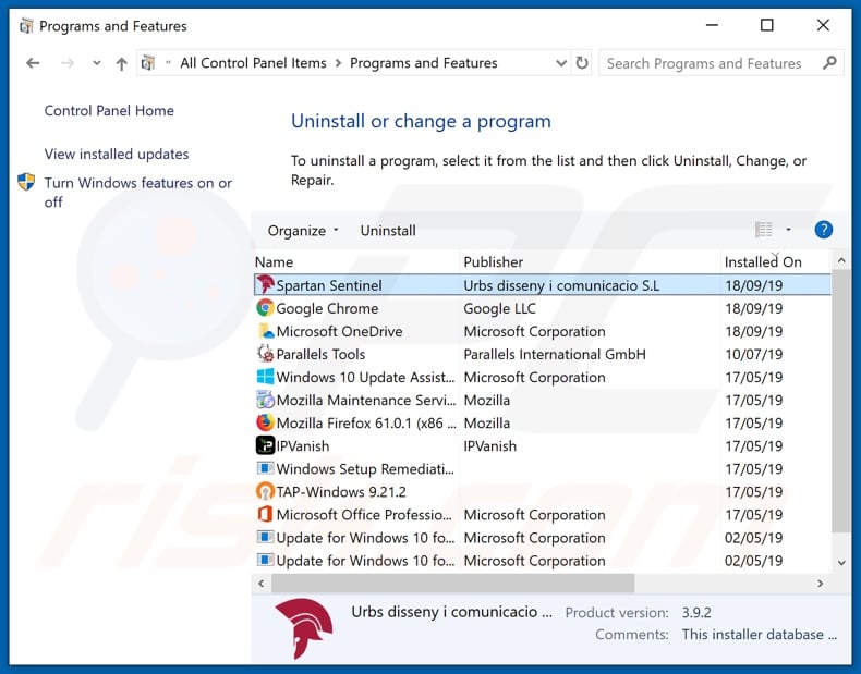 Spartan Sentinel adware uninstall via Control Panel