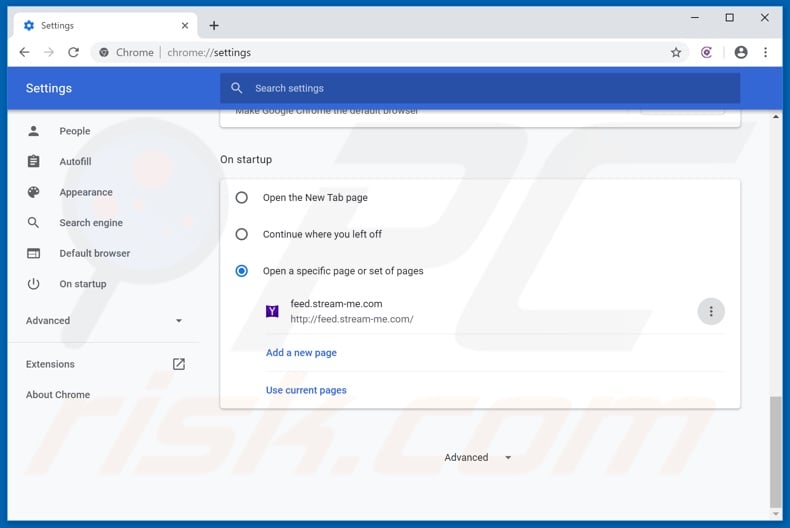 Removing feed.stream-me.com from Google Chrome homepage