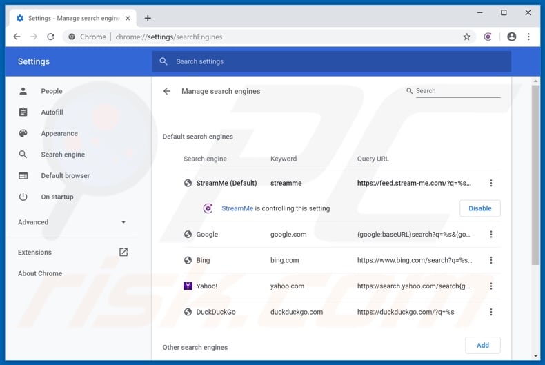 Removing feed.stream-me.com from Google Chrome default search engine