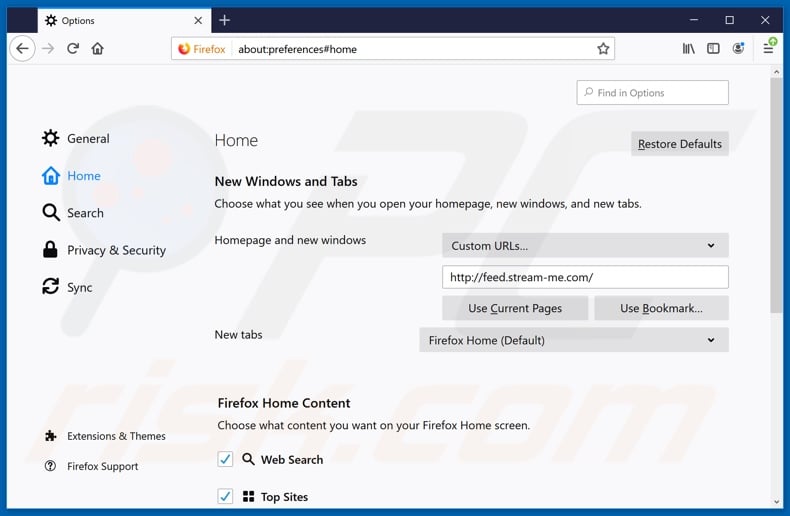 Removing feed.stream-me.com from Mozilla Firefox homepage