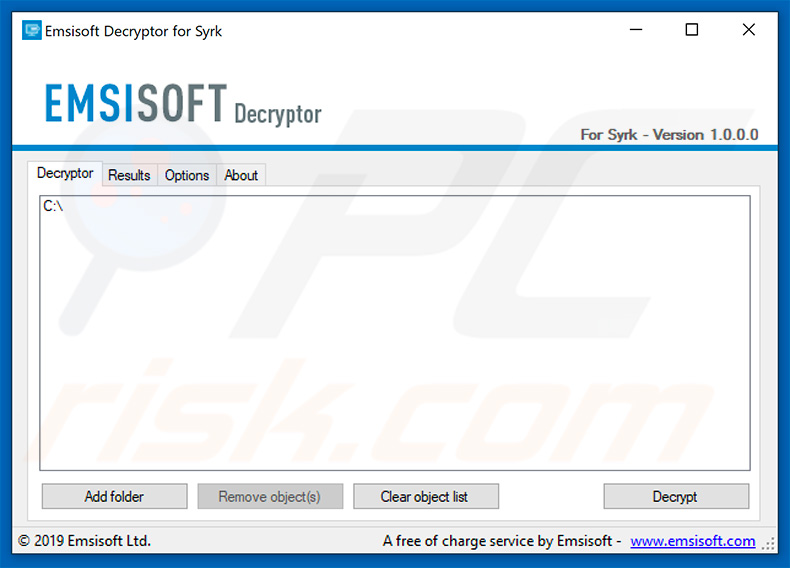 Syrk ransomware decrypter by Emsisoft