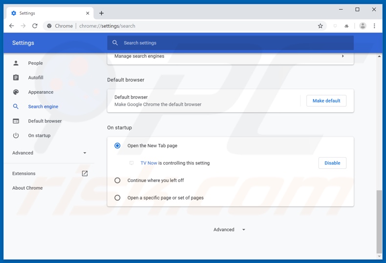 Removing search.tvnowapptab.com from Google Chrome homepage