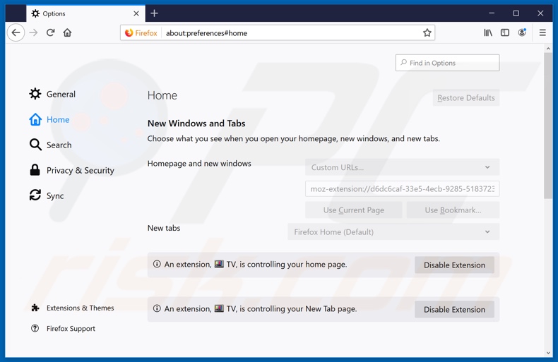 Removing search.tvnowapptab.com from Mozilla Firefox homepage