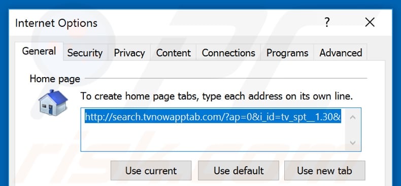 Removing search.tvnowapptab.com from Internet Explorer homepage