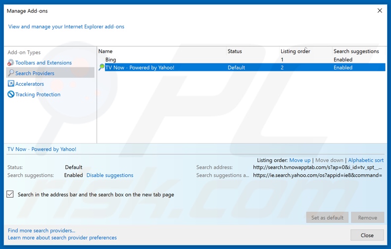 Removing search.tvnowapptab.com from Internet Explorer default search engine