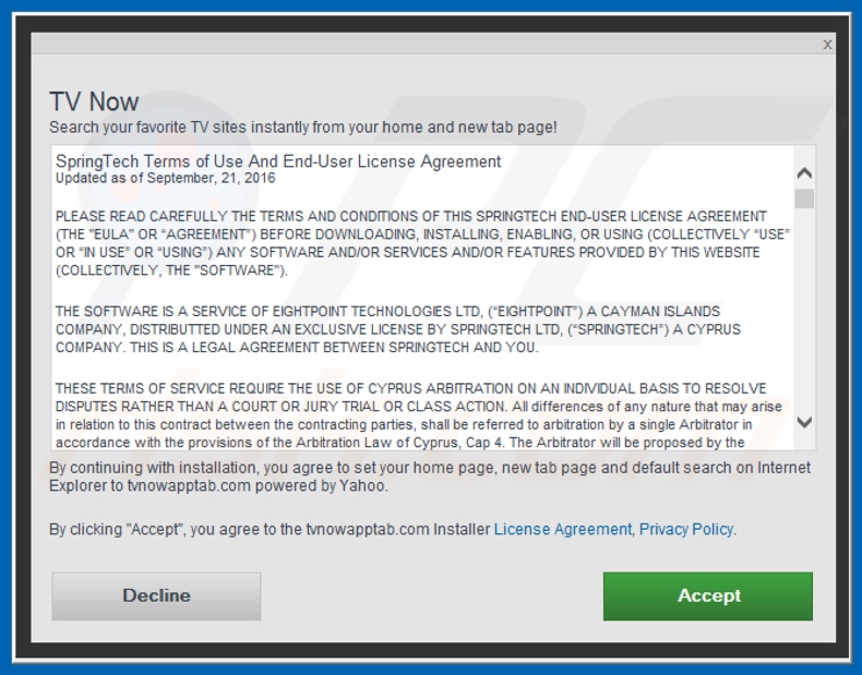 Official TV Now browser hijacker installation setup