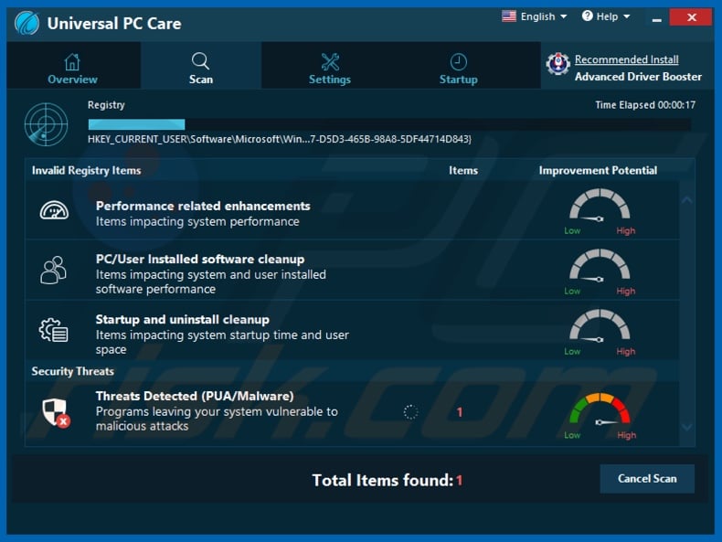 Screenshot of Universal PC Care application