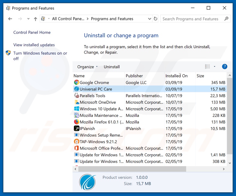 Universal PC Care adware uninstall via Control Panel