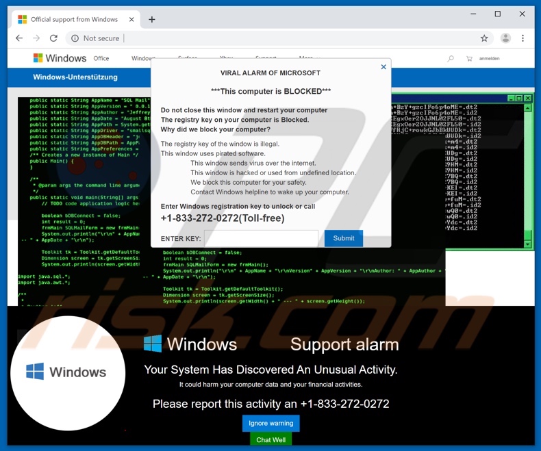 Screenshot of website displaying VIRAL ALARM OF MICROSOFT