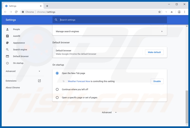 Removing search.weatherforecastnow.net from Google Chrome homepage