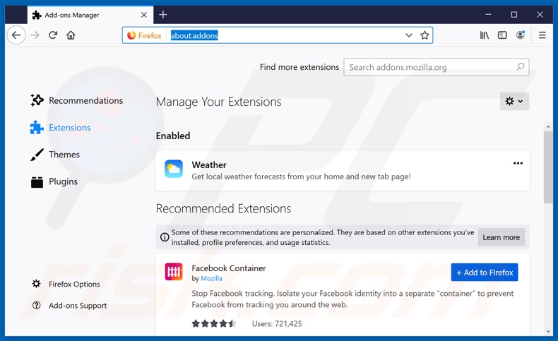 Removing search.weatherforecastnow.net related Mozilla Firefox extensions