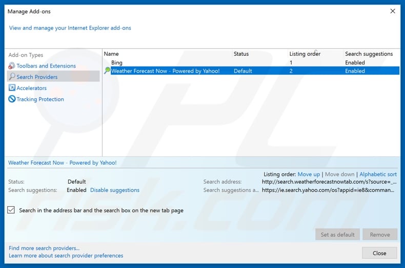 Removing search.weatherforecastnow.net from Internet Explorer default search engine