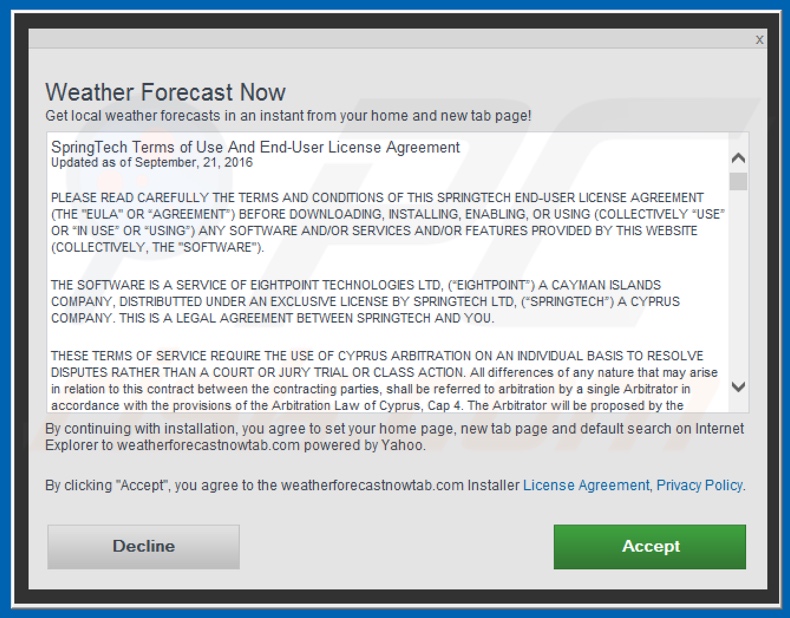 Official Weather Forecast Now browser hijacker installation setup