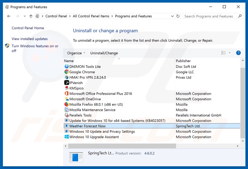 search.weatherforecastnow.net browser hijacker uninstall via Control Panel