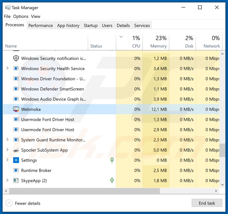 Webmoka PC Cleaner process in Task Manager