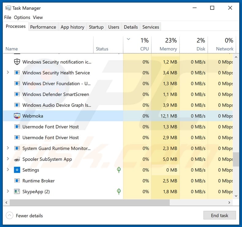 Webmoka PC Cleaner process in Task Manager