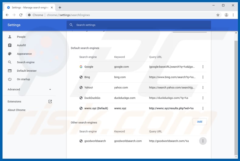 Removing wwnc.xyz from Google Chrome default search engine