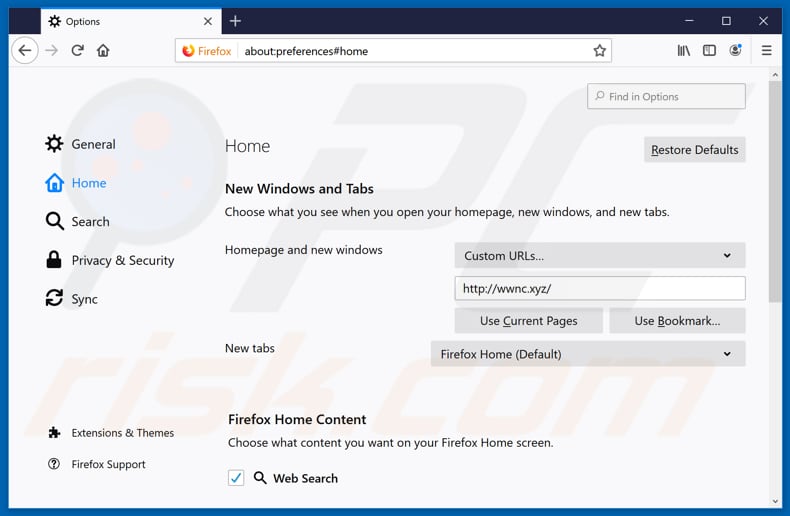 Removing wwnc.xyz from Mozilla Firefox homepage