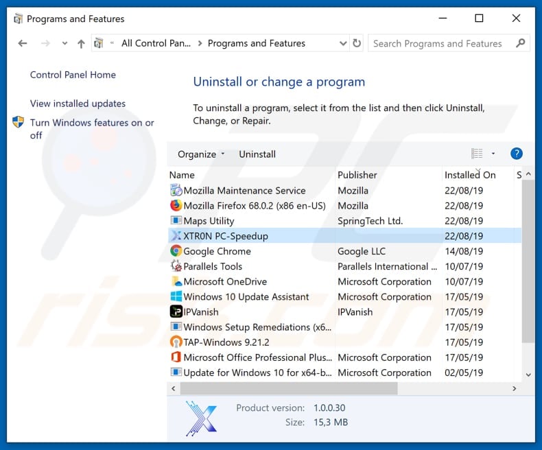 Xtron PC Speedup adware uninstall via Control Panel