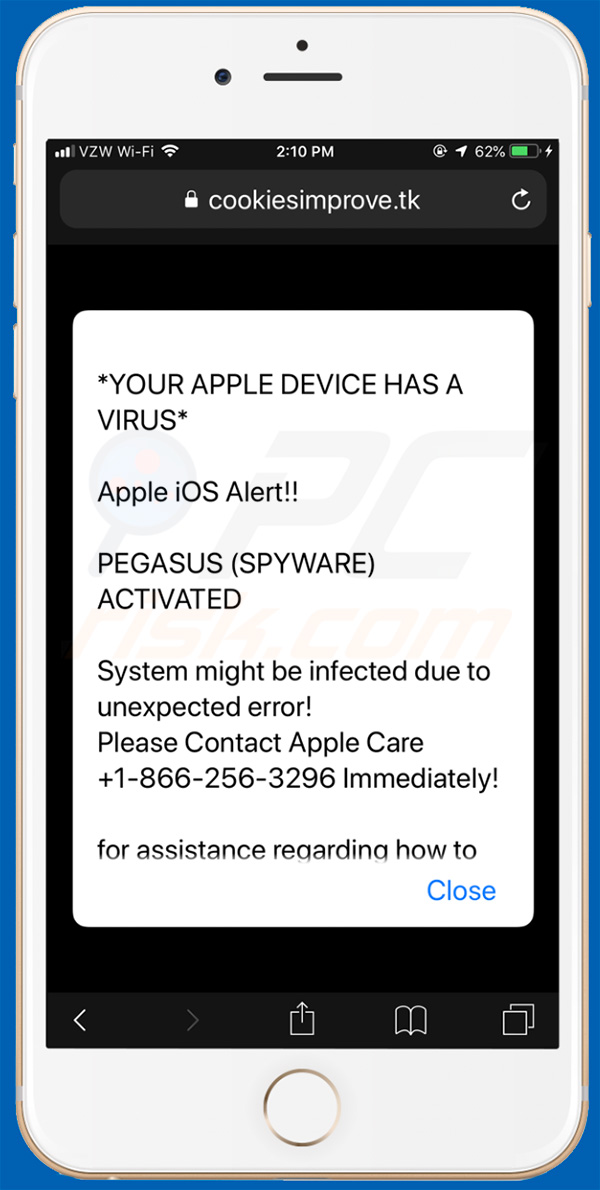 YOUR APPLE DEVICE HAS A VIRUS scam in iPhone