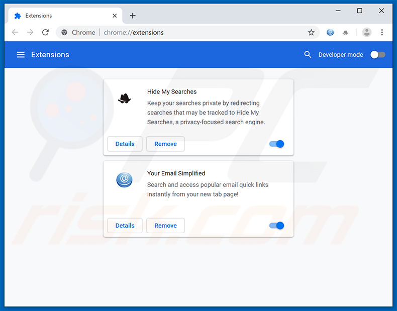 Removing search.hyouremailsimplified.com related Google Chrome extensions