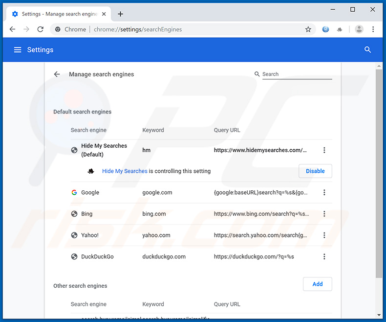 Removing search.hyouremailsimplified.com from Google Chrome default search engine