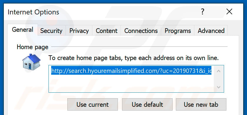 Removing search.hyouremailsimplified.com from Internet Explorer homepage