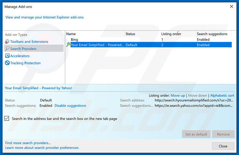 Removing search.hyouremailsimplified.com from Internet Explorer default search engine