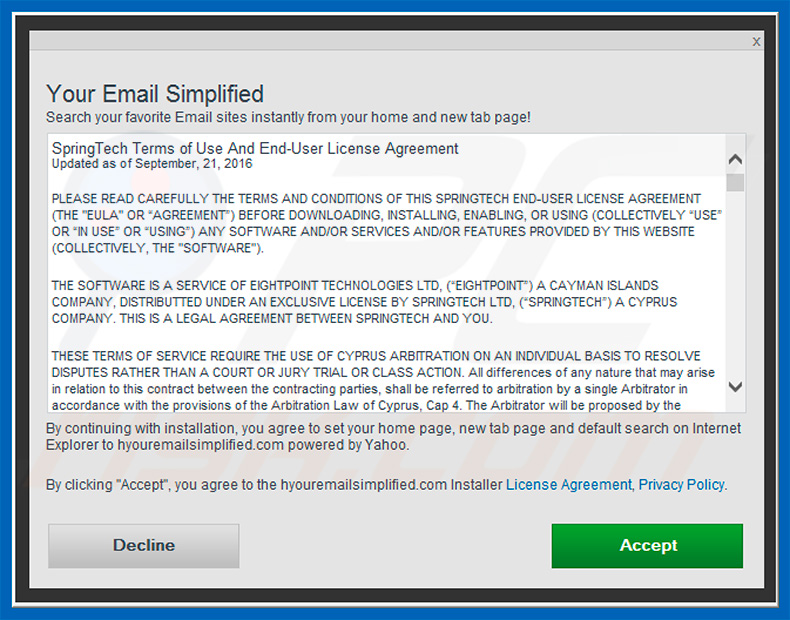Official Your Email Simplified browser hijacker installation setup