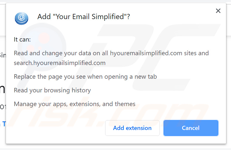 Your Email Simplified browser hijacker asking for permissions