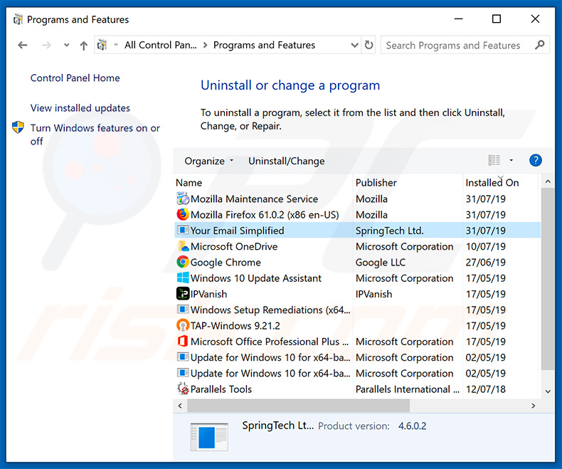search.hyouremailsimplified.com browser hijacker uninstall via Control Panel