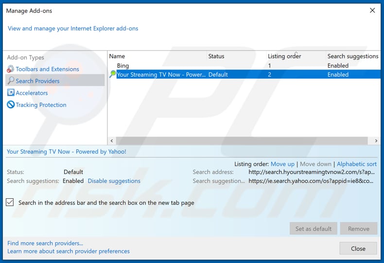 Removing search.hyourstreamingtvnow2.com from Internet Explorer default search engine