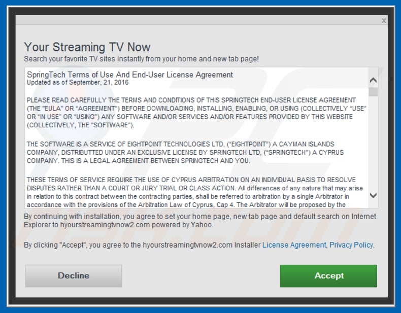 Official Your Streaming TV Now browser hijacker installation setup