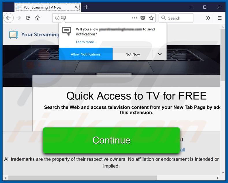 Your Streaming TV Now download page asks for permission to show notifications