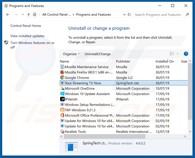 search.hyourstreamingtvnow2.com browser hijacker uninstall via Control Panel