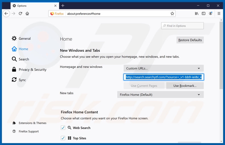 Removing search.searchytf.com from Mozilla Firefox homepage