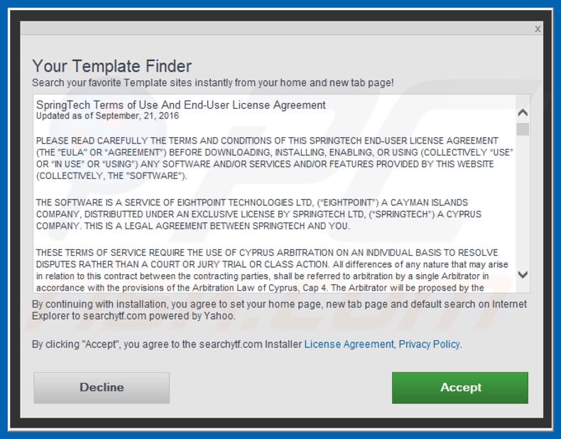 Official Your Template Finder browser hijacker installation setup