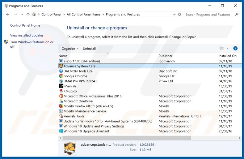 Advance System Care adware uninstall via Control Panel
