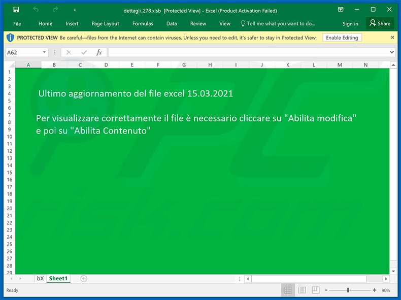 Malicious MS Excel doc distributed via Agenzia Entrate-themed spam email (2021-03-15)