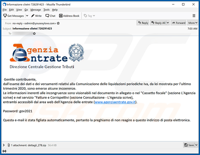 Agenzia Entrate-themed spam email used to spread a malicious MS Excel document (2021-03-15)