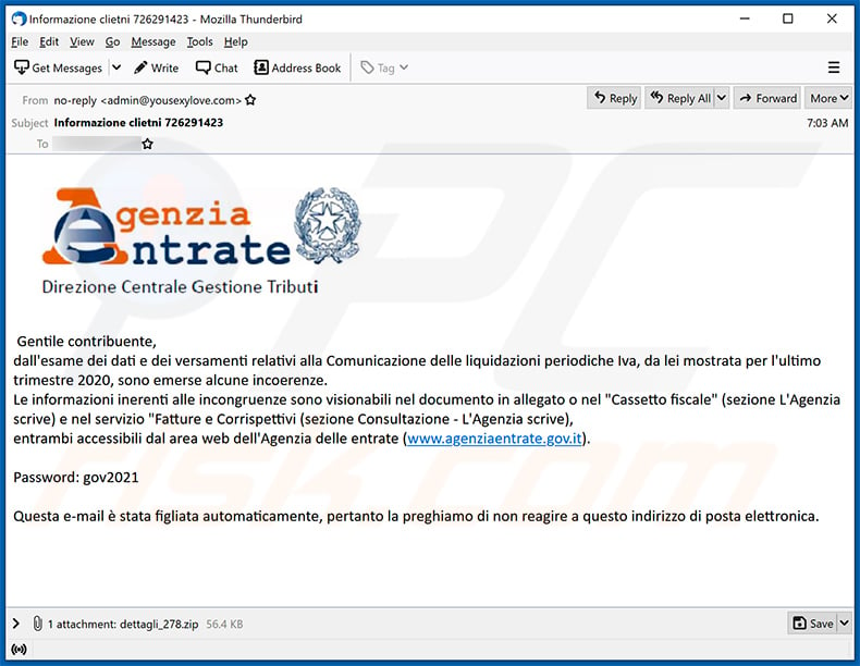 Agenzia Entrate-themed spam email used to spread a malicious MS Excel document (2021-03-15)