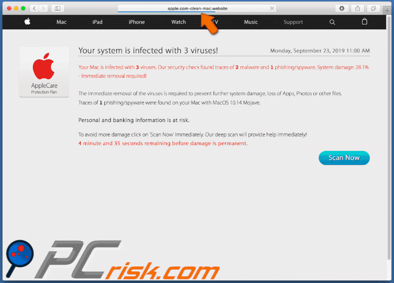 Appearance of apple.com-clean-mac[.]website scam (GIF)
