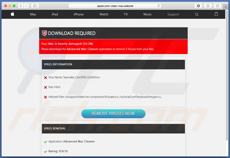 apple.com-clean-mac[.]website displays fake scan results