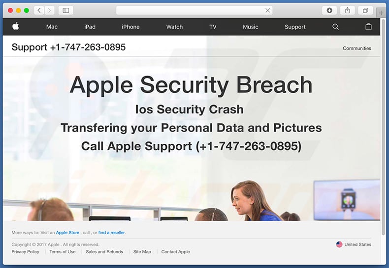 Apple Security Breach pop-up scam website background