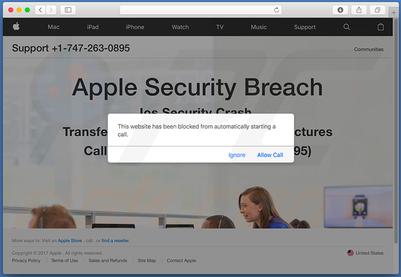 Apple Security Breach pop-up scam initial pop-up