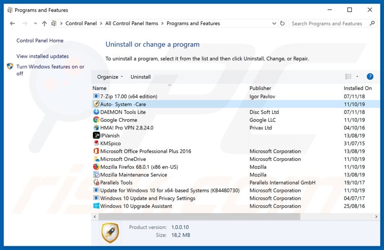 Auto System Care adware uninstall via Control Panel