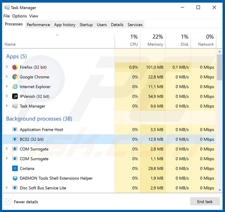 black remote process running in task manager as BC02