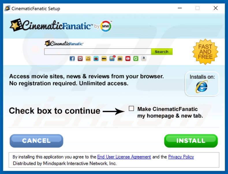 Official CinematicFanatic browser hijacker installation setup